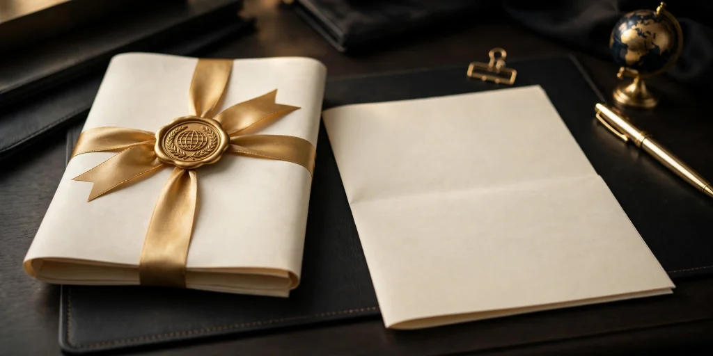Official document with gold ribbon seal and globe