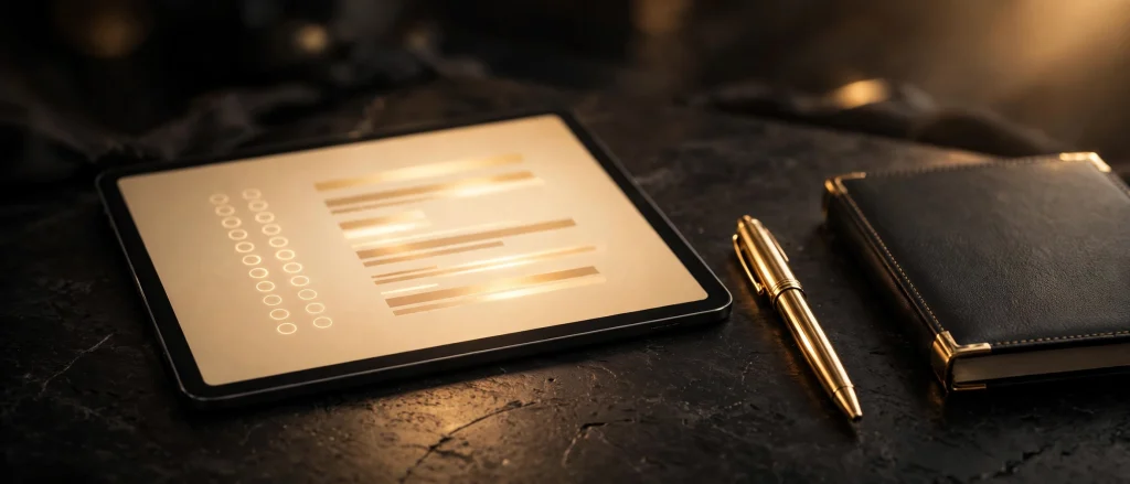 Glowing tablet with document, gold pen and notebook