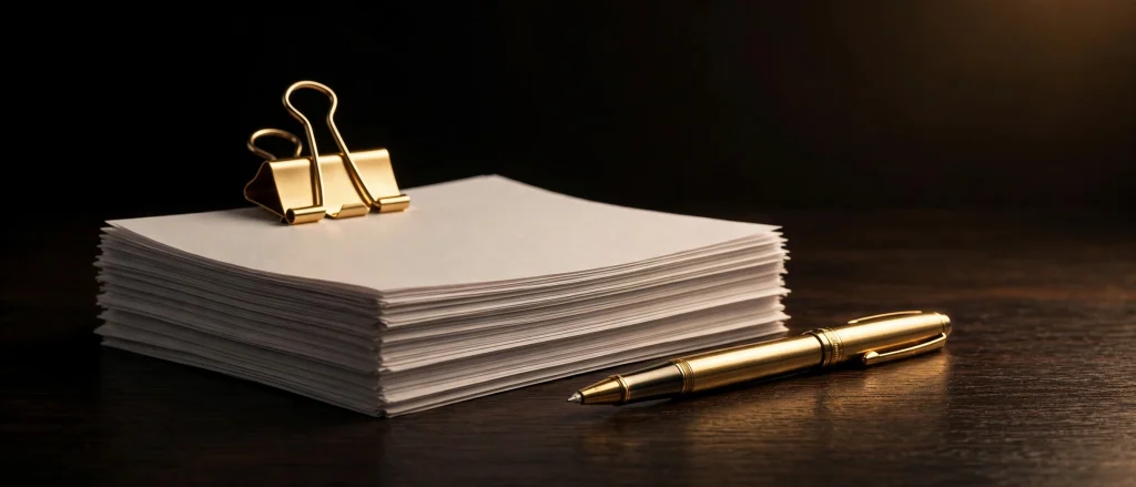 Stack of legal papers with gold clip and pen