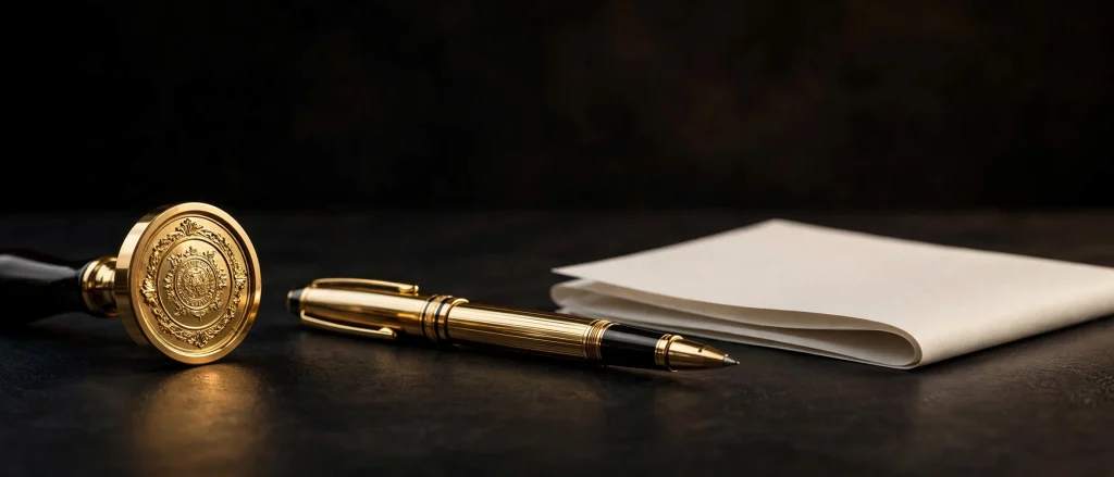 Gold notary stamp and pen on a dark desk