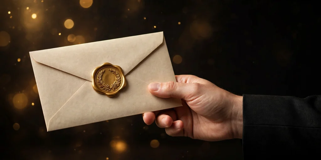 Sealed envelope with gold wax seal being handed over
