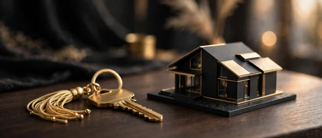 Brass house key and model home on dark wood
