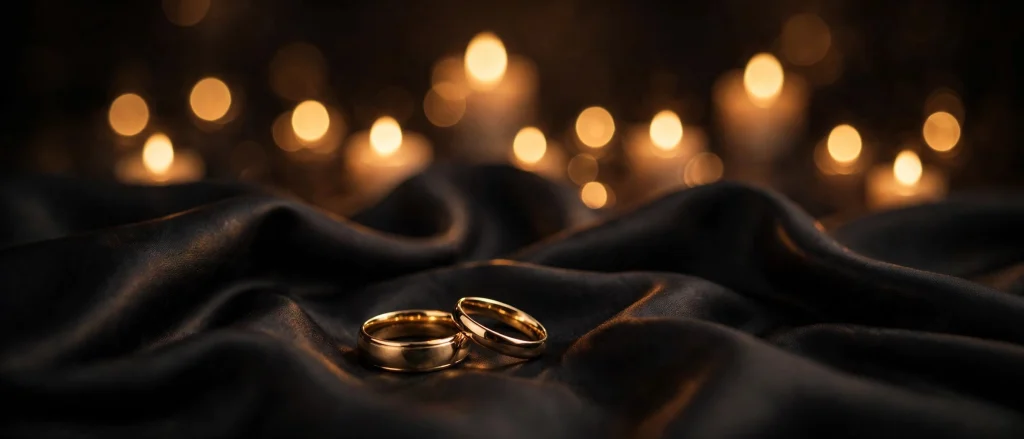 Gold wedding bands on dark silk with candlelight